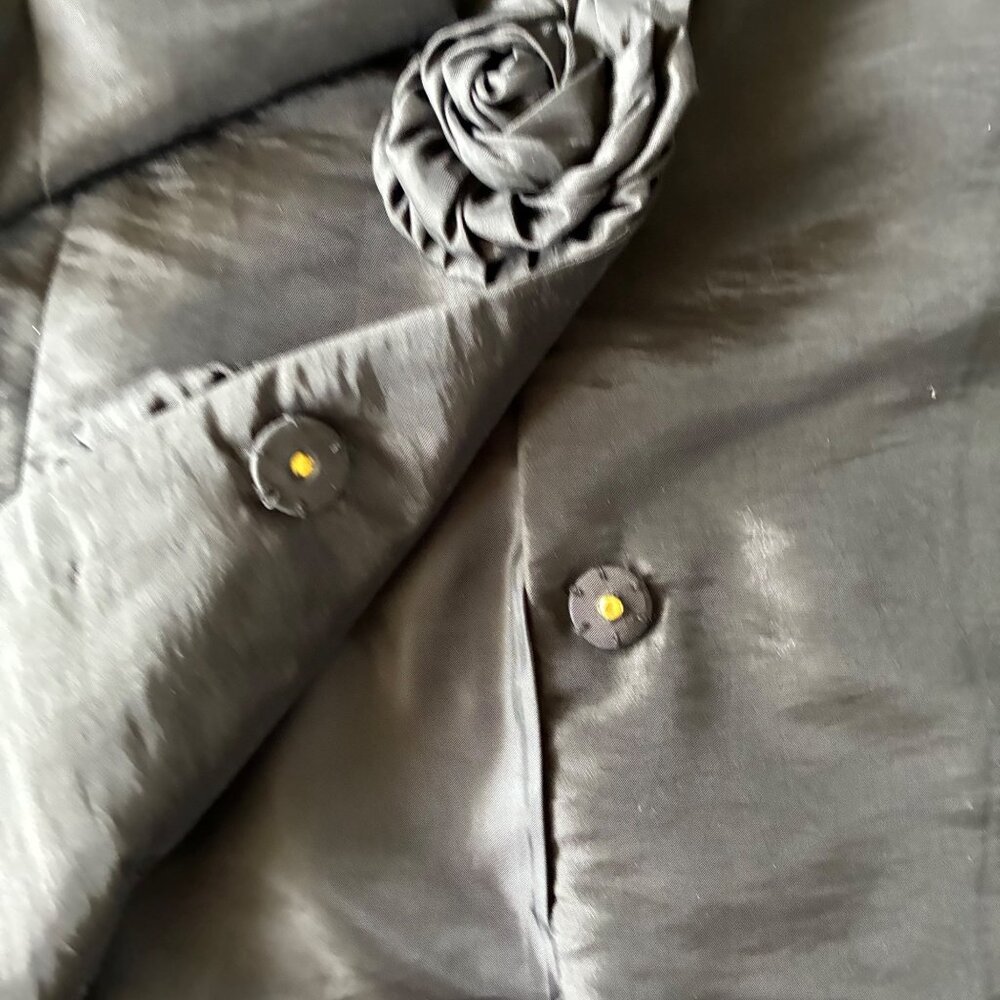 Unique Black Ruffle Trim Satin Top with Rosette Buttons – Med - Evening, Goth - Picture 13 of 13